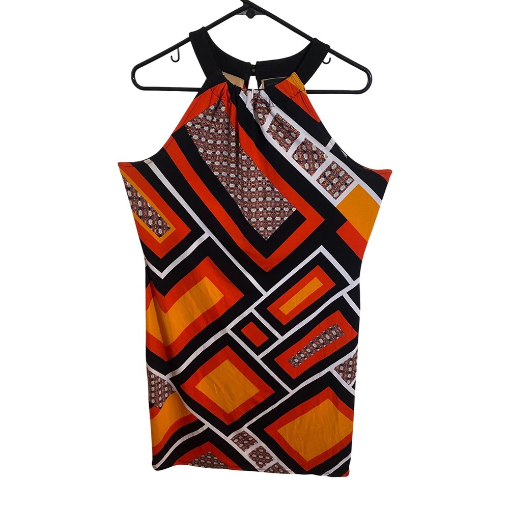Worthington Womens Geometric Halter Top Orange Black White Keyhole Back Blouse L